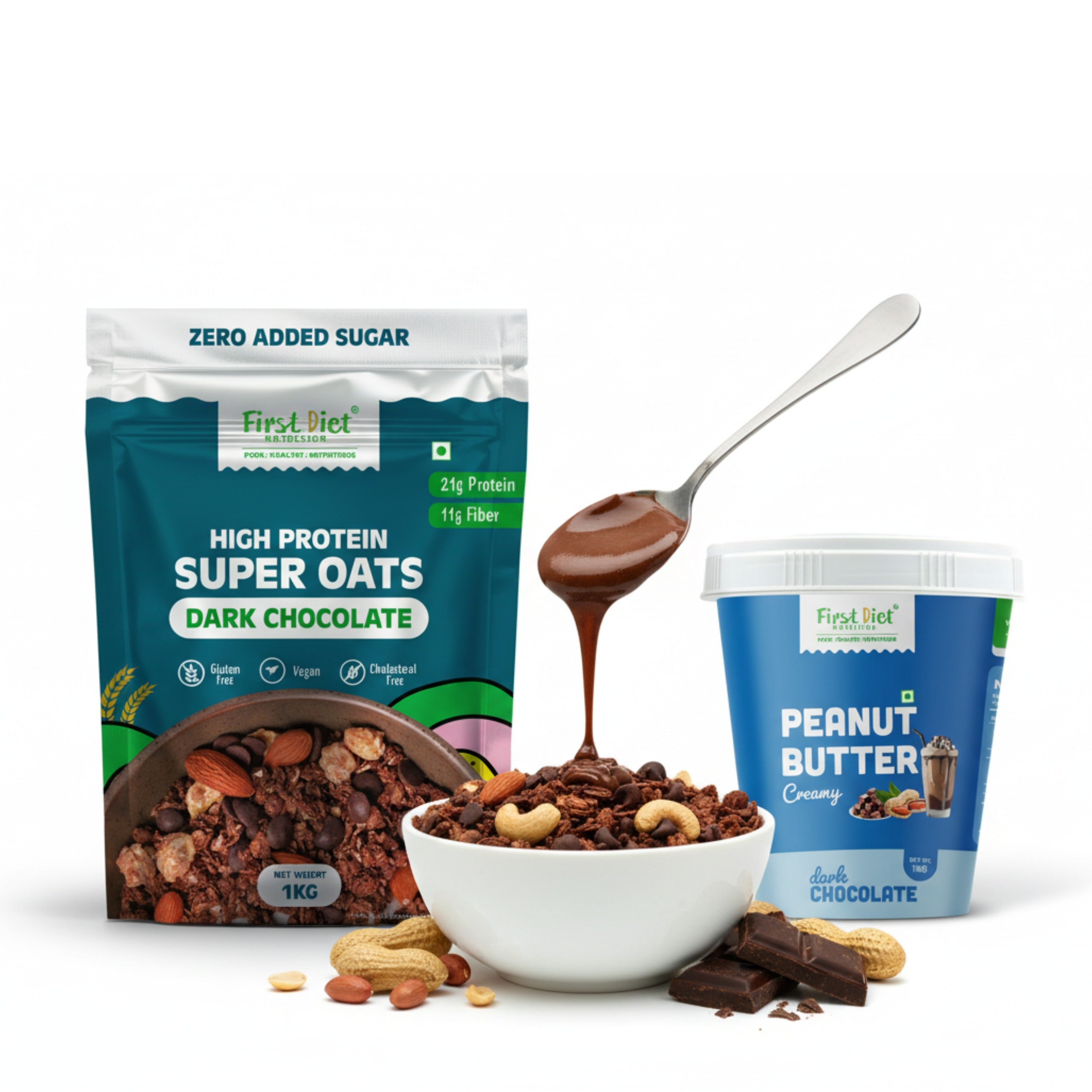Mega Fitness Power Combo – Dark Chocolate Oats & Dark Chocolate Creamy Peanut Butter (1kg + 1kg)